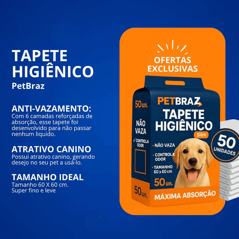 Tapete Higiênico Descartável Petbraz para Cachorro 60 x 60 cm Fralda Pet Xixi Cão Pequeno Médio